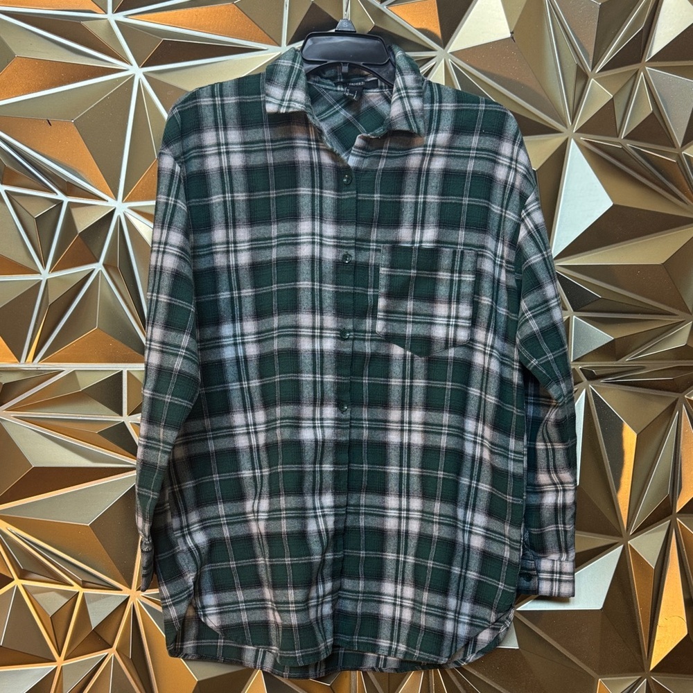 Forever 21 Dark Green and‎ White Plaid Shirt